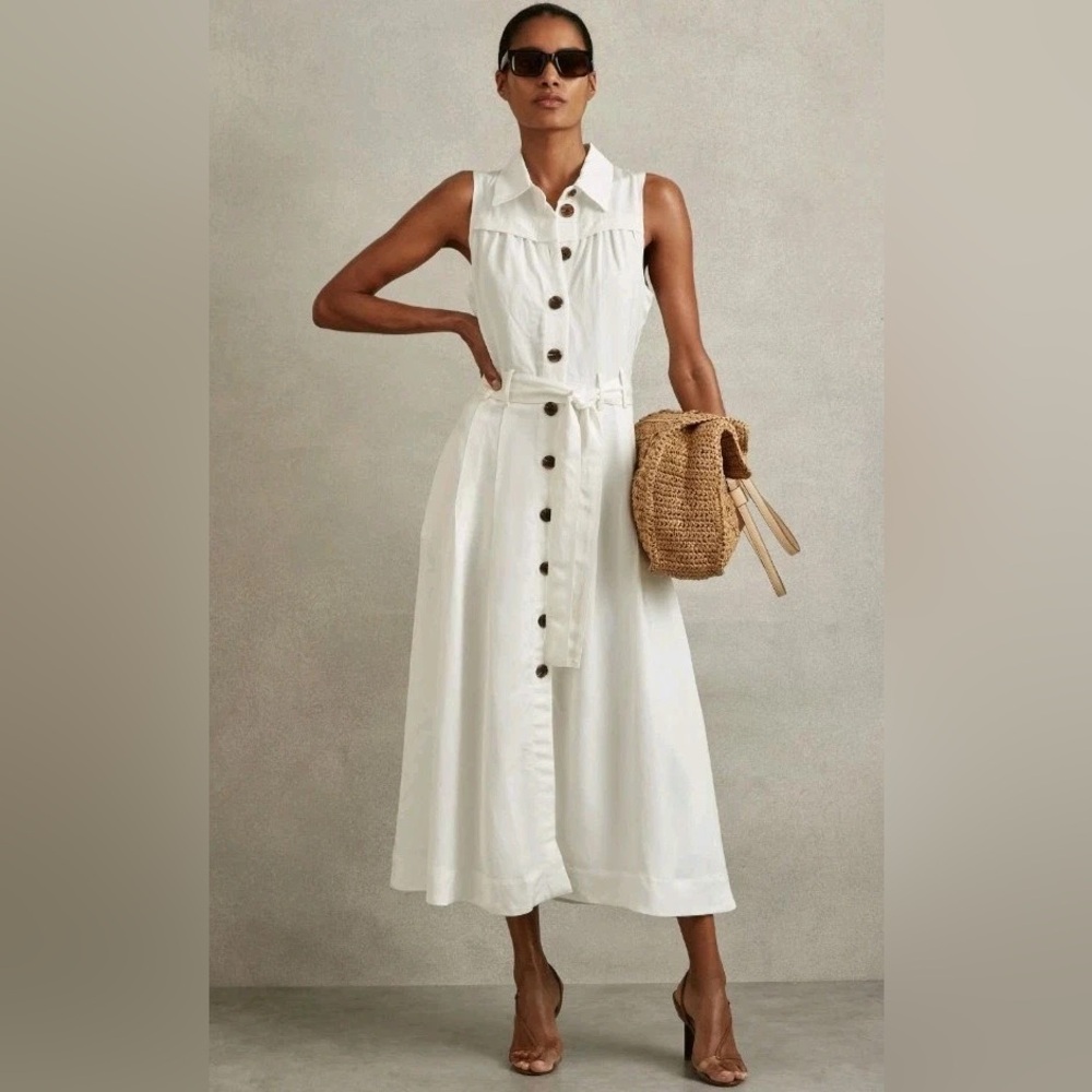 Reiss White Button-Down Midi Dress